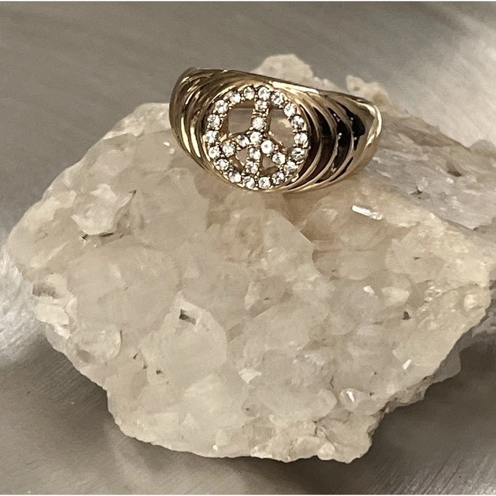 Gold Peace Sign Gemstone Statement Band Ring -Boho Glam Love Gift -Size 7 -New